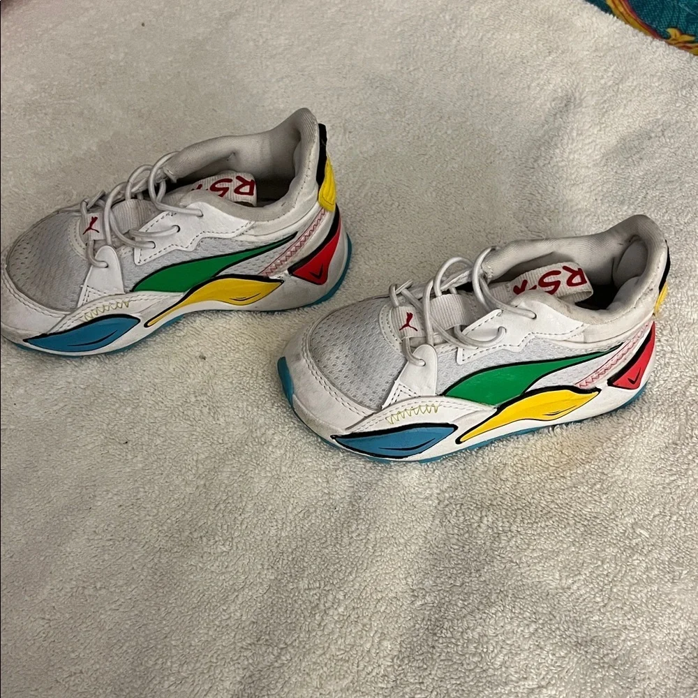 Puma Kids White Sneakers with Green, Blue & Yellow Accents